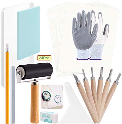 Keadic 24-teiliges Gummi-Block-Stempel-Stempel-Starter-Set, kommt mit Stempelblock, Tintenroller, 6 Schnitzwerkzeuge, Transparentpapier, Bleistift und Tintenmischtablett für Stempelschnitzerei und
