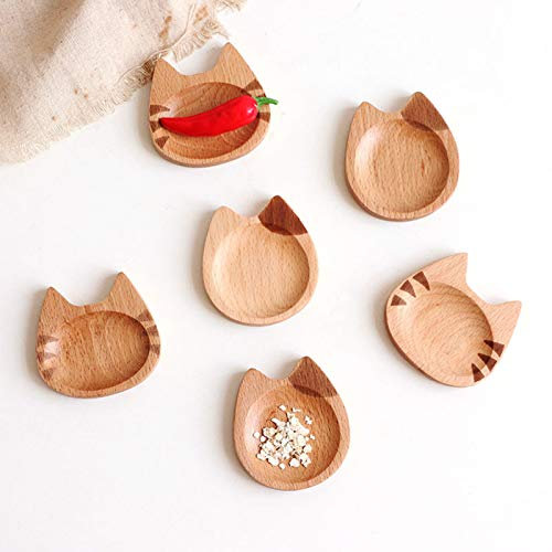 JINQII Salsa de madera con sabor japonés, bonito plato con forma de gato de dibujos animados, plato creativo de madera pequeño para aperitivos, sushi, frutas, aperitivos, postres (paquete de 4/6)