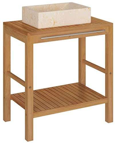vidaXL Teak Massiv Waschtisch mit Waschbecken Waschschale Badmöbel Aufsatzwaschbecken Waschbeckenunterschrank Unterschrank Badschrank Marmor Creme