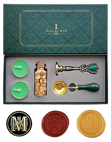Ausgefallene Buchstaben M Wachssiegel-Stempelset, AMTOL Wachssiegel-Stempelset im europäischen Stil, Geschenkbox-Set, Vintage personalisierte Wachssiegel-Stempel für Briefkarten-Einladungen (M)