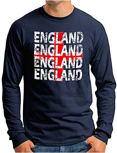 OM3® England Langarm Shirt - Herren - Flagge Kreuz United Kingdom UK GB - Navy, L