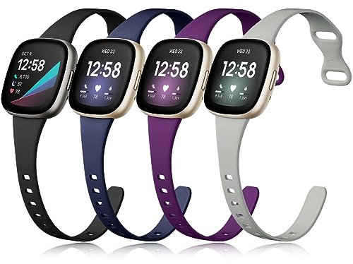 Getino Kompatibel mit Fitbit Sense Bänder, Fitbit Versa 3 Bänder für Damen und Herren, flexibles dünnes weiches Silikon, schmales Band für Versa 3 und Sense, groß schwarz/marineblau/pflaume/grau