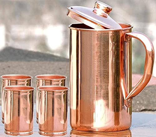 Jarra de cobre puro hecha a mano de 2 litros con vidrio de cobre 300 ml ayurveda indio de yoga para buenos beneficios para la salud (1 jarra y 2 vasos, marrón)