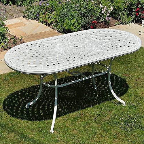 Lazy Susan 208 cm Ovaler Catherine Gartentisch in Weiß mit 6 Kate Stühlen und Beige Sitzkissen | Nachhaltiges Sandguss-Aluminium | Wetterfest | Rostfrei | Wartungsarm | 3 Jahre Garantie