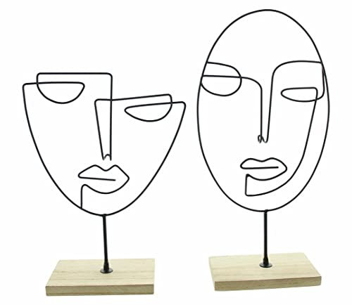 Dekoleidenschaft 2X Dekofigur Gesicht aus Metall, schwarz, 26 + 34 cm hoch, Moderne Skulptur mit Holzsockel