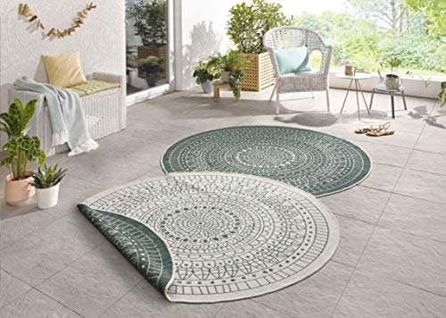 Northrugs Porto In- und Outdoor Teppich Rund – Runder Wendeteppich Wasserfest Mandala Design Flachgewebe Teppich Wetterfest für Balkon, Terrasse, Garten, Wohnzimmer in Grün Creme, ⌀240cm