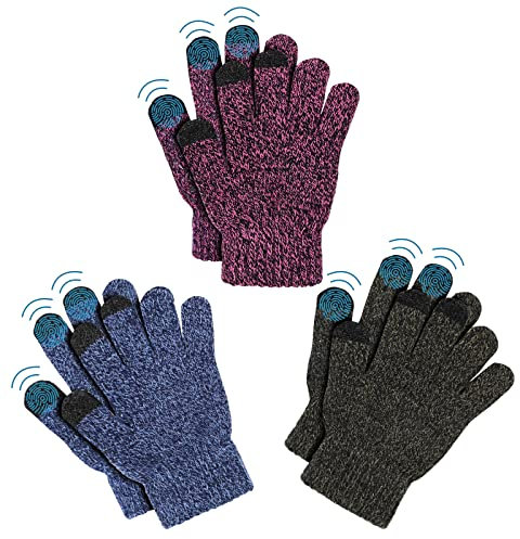 AYPOW 3 Paar Kinder Winter Warme Handschuhe, Elastisch Thermo Fleece Futter Touchscreen Outdoor Vollfinger Strickhandschuhe für 4-8 Jahre alte Jungen Mädchen Kinder, Wintertaugliches Tägliches Tragen