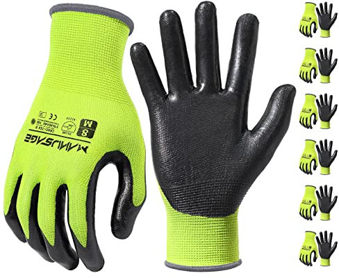 MANUSAGE Guantes de trabajo de nitrilo, ajuste elástico cómodo 3D, agarre potente, pantalla táctil, revestimiento de espuma duradero, flexibles, ligeros, lavables a máquina, talla M, amarillo, 6 pares