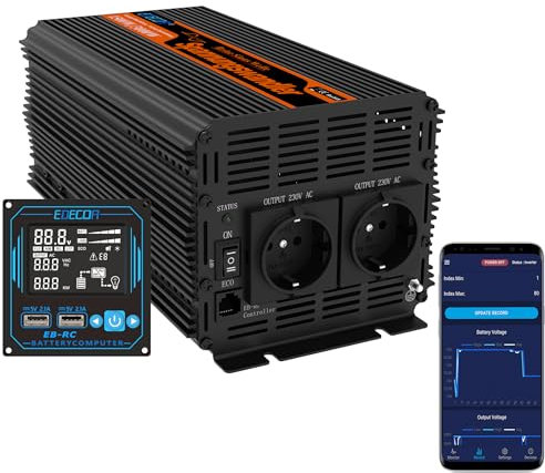 EDECOA inversor 12v 220v Onda Pura 2000w convertidor de Corriente con Mando 2X USB para Autocaravana para Coche Placa Solar Sistema de Aislamiento galvanico (2a generacion) (2000w Mando USB Pro)
