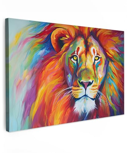 MuchoWow© Bild auf Leinwand Groß 120x80 cm XXL Schlafzimmer Bilder Wand Deko Wohnzimmer Modern Wanddeko Bilderwand Geschenk Kunstdruck - Bunt - Löwe - Tiere - Ölfarbe - Regenbogen