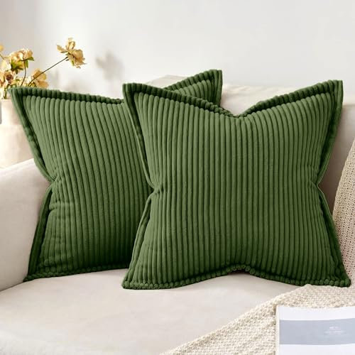 MIULEE 2er Set Kordsamt Kissenbezug Weiche Kissenhülle Dekorative Sofakissen Quadratische Dekokissen Moderne Zierkissenbezug Gestreifte Kissenbezüge für Wohnzimmer Schlafzimmer 40x40cm Matcha Grün