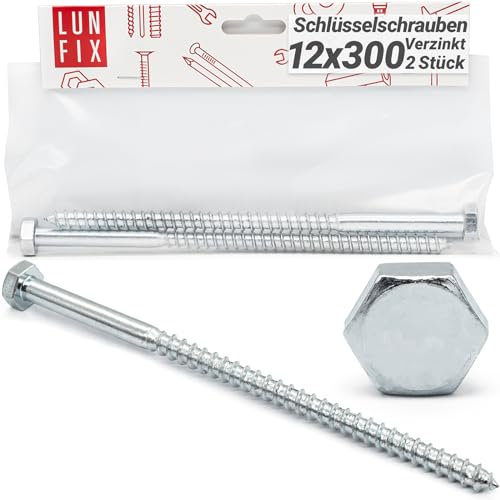 Lun Fix Vis à Bois 12 x 300 mm Acier Zingué – 2 Pièces | Tirefond Hexagonal | Cheville Béton | Support Poteau Bois | Visserie Métal | Portillon | Alternative Inox