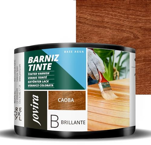 JOVIRA PINTURAS. BARNIZ TINTE BRILLANTE al Agua, acabado Brillo. Especial para teñir y barnizar maderas. (375 Mililitros, Caoba) E-50