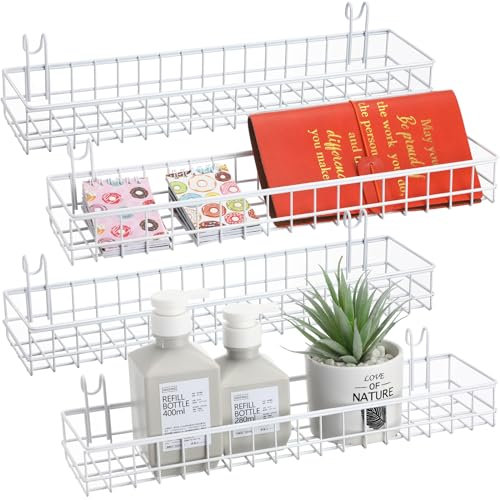 Blulu 4 Stück 40 x 10 x 5 cm Metallgitter-Wandkörbe mit Haken, Gitter, Wandregale, hängender Drahtkorb, multifunktionaler Aufbewahrungs-Organizer für Küche, Organisation, Display (weiß)