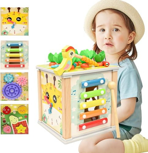 Kikuo Motorikwürfel Holz Cube 6 in 1, Aktivitätswürfel Spielzeug ab 1 Jahr, Motorikwürfel Montessori Lernspielzeug, Karotten Stapelspiel Holzspielzeug FüR 4 5 6 7+Jahre Geschenk