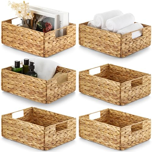 BLUEWEST Water Hyacinth Storage Baskets, Set of 6, Woven Bins with Handles