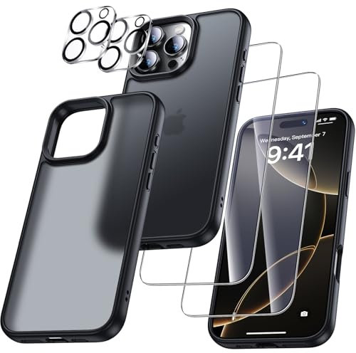 UniqueMe für iPhone 16 Pro Hülle - Handyhülle für iPhone 16 Pro Case, 5 in 1 Set Rundumschutz Schutzhülle Cover,1 Handyhülle & 2 Schutzfolie & 2 Kameraschutz - Schwarz