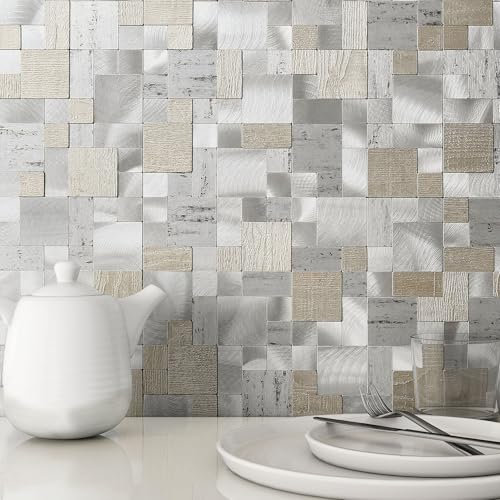 BeNice Self Adhesive Tiles for Kitchen Splashbacks,Stick-on Square Mosaic Stickers 3D Metal Wall Paneles(10sheets,Grey Slate)