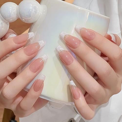Pure Handmade Nails Gel Effect Nails Smile Line White Tip Press on Nail Reusable Fake Nails Salon-Quality GoldLine French Nude Medium Stick on Nails French Tip False Nails 10pcs (M, Q285)