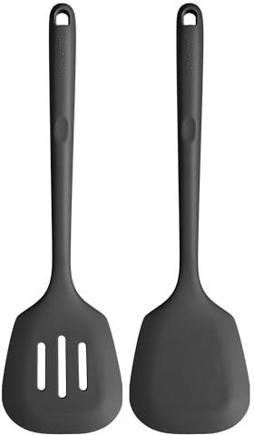 U-Taste 34.5 cm Extra Long Silicone Turners, 315℃ Heat Resistant Solid & Slotted Kitchen Spatula, Non Stick Flexible Rubber Cooking Flipper for Frying, Flipping Eggs, Fish, Pancake (Black, 2pcs)