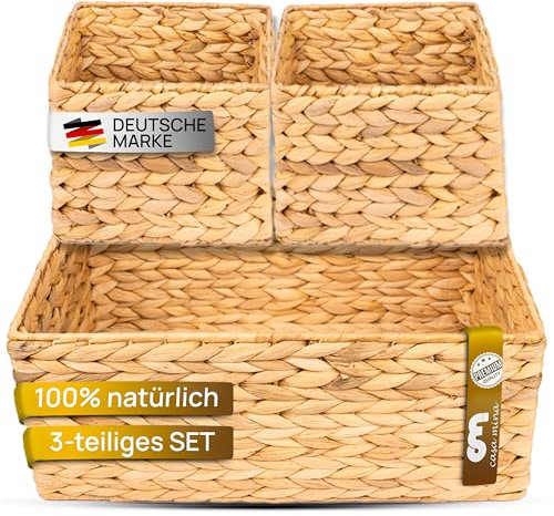 Casa Mina Korb Aufbewahrung 3er Set (2xS + M) 100% natürlich aus Wasserhyazinthe I Dekorative Körbe Aufbewahrung für jeden Raum I Aufbewahrungskorb mit robustem Metallgestell
