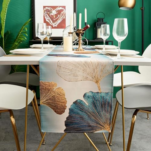 Kiatuniya Tischläufer Modern Blau Grün Petrol Gold Ginkgo Biloba Herbst Wohnzimmer Deko Gelb Türkis Vintage Tischdeko Esstisch Landhausstil Winter Table Runner für Urlaub Party Küche 33x183cm