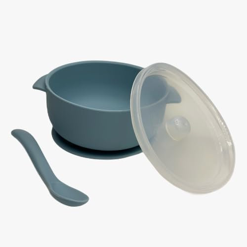 Parintha Bol et cuillère pour Bébé avec Couvercle et Ventouse | Bol Alimentaire en Silicone pour Bébé, Enfants en Bas Âge et Tout-Petits (Bleu)