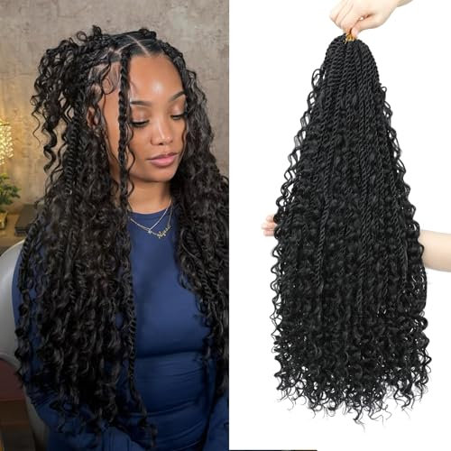 Auxemuen 8Packs Senegalese Twist Crochet Hair with Curly Ends 16Inch Natural Black Boho Island Twists Crochet Braids Boho Goddess Twist Crochet Hair for Black Women (1B)
