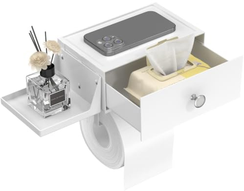Lifewit Plastique Porte-Rouleau WC avec Tablette de Rangement et Tiroir à Visser ou à Coller au Mur, Boîte de Rangement Étanche et Lavable pour Lingettes Humides de Toilette, Blanc, 1 Paquet