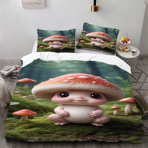 Zbeiba Bettwäsche 135x200cm Set 3 Teilige,Kinder Mikrofaser Bettbezug + 2 Kissenbezug,Süßer Cartoon-Pilzjunge Motiv（135x200+2 * 80x80,Sti6）