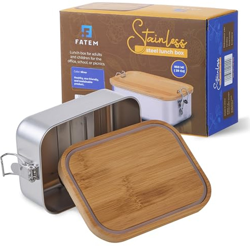 Bento box in 304 stainless steel. Metal Lunch Boxes with Eco-Friendly Bamboo Lid, Anti-Leak Locking Clips and a Removable Divider.