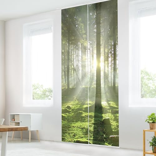 micasia Schiebegardine halbtransparent 60er Paneel Klett Wald Textil lichtdurchlässig - Motiv Modern Flächenvorhang grün Wohnzimmer Schlafzimmer 1644 (120x250 cm - 2er Set)