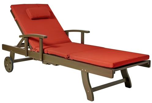 Beliani Acacia Wood Garden Sun Lounger Reclining with Wheels Classic Design with Red Cushion Amantea Premium II