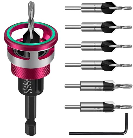 DBAILY Juego de 8 brocas avellanadoras cónicas, avellanadores de madera, brocas con avellanador, broca para madera con avellanador, avellanador con tope de profundidad, para procesamiento de madera