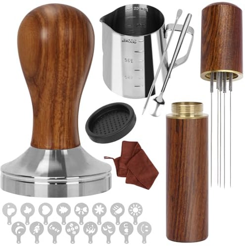 Y-Step Kaffee Tamper 58mm, Espresso Tamper Set 23pcs, Barista Set mit Aufschäumkrug, Tamper Matte, Latte Art Stift, Kaffee-Rührer, Sandelholz-Tamper für Espressomaschine