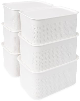 Relaxdays Aufbewahrungsbox 6er Set, mit Deckel, Organizer-Box 5 L, HBT: 13x26,5x19 cm, Stapelbox Kunststoff, weiß