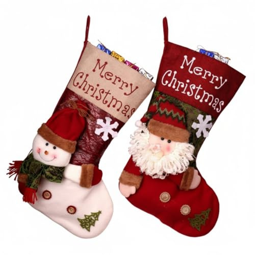 Rusudiy 2er Set Weihnachtsstrümpfe 45 cm, Kaminstrumpf Deko mit Motiv | FESTLICHES DESIGN, Liebevoll gestaltete Retro-Motive mit Weihnachtsmann und Schneemann für eine stimmungsvolle Atmosphäre