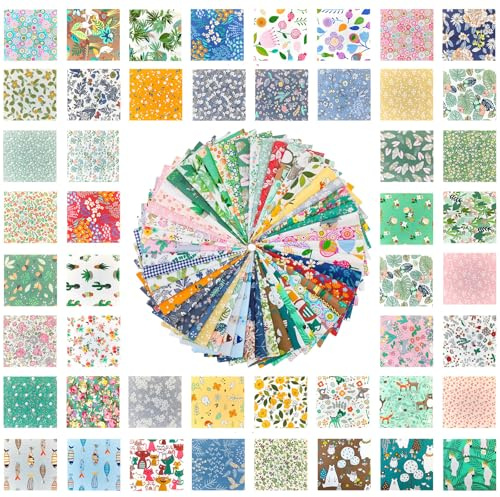 Rebanky 50 Patchwork Stoffquadrate, Baumwolle, 15 x 15 cm, zum Nähen | Stoffquadrate 15x15 Gemischte Pflanzen und Cartoonmotive zum Nähen, Quilten, Basteln und für kleine Stoffprojekte Gemischte