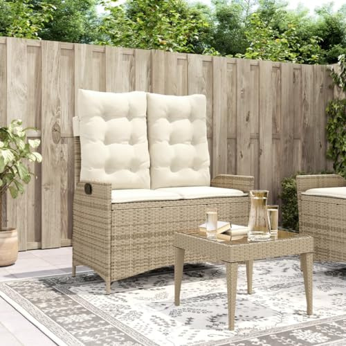 IBUQDDV Verstellbare Gartenbank mit Kissen in Beige aus Poly Rattan, PE-Rattan Sitzbank mit Verstellbarer Rückenlehne und abnehmbaren Bezügen, robuste Outdoorbank mit Stahlrahmen