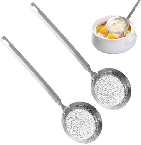 JDCMEI 2 Unidades Espumadera Acero Inoxidable, Colador de Alimentos para Cocina, Cuchara de Filtro, Colador de Malla Fina para Separar Manchas de Aceite, Grasa, Espuma, Aceite de Filtro