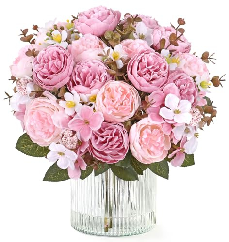 DEMIUKO 4 Bunches Peony Artificial Flowers Bouquet Lilac Pink Wedding Deko | Dainty Faux Peonies, Fake Rose, Silk Flowers for Bud Vase, Wedding Bouquet, Home Decor, Table Centerpiece, Floral Arrangement