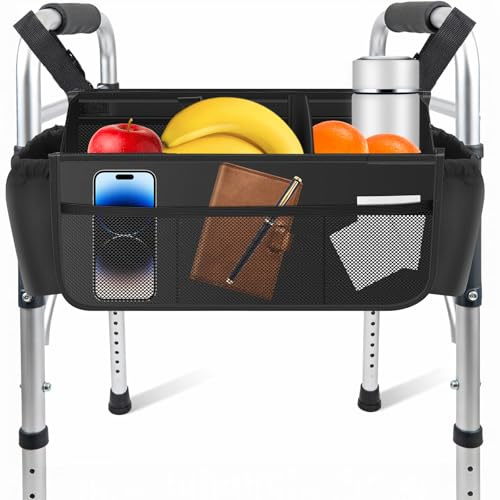 Walker Basket with Cup Holder, Large Capacity Foldable Walker Bag, Waterproof Walkers Organizer Pouch, Large Walking Frame Bag, Wheel Chair Accessories Bags 39.5x16.5x18.3cm for Senior