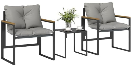 Outsunny 3-teiliges Balkonmöbel Set 2 Sessel mit Tisch Outdoor Grau | Metall, Kissen mit atmungsaktiv Bezug, Gartenmöbel, Garten Bistro Set, Sitzgruppe für Garten Terrasse