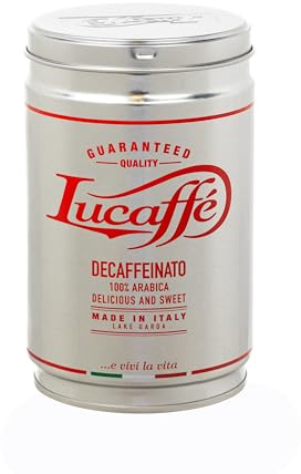 LUCAFFÈ Caffe Decaffeinato, caffè macinato 100% arabica, barattolo caffè 250 gr. acciaio salva aroma, caffè decaffeinato gusto dolce, corpo pieno, crema densa, aroma piacevole