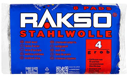 RAKSO Stahlwolle grob 4 | 200g, 8 Pads, entfernt Öl, Fett auf Metall, reinigt Natur, Kunststein, Anschleifen von altem Holz
