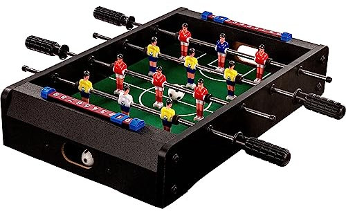 GAMES PLANET Mini-Tisch-Kicker Tischfussball „Dundee“, schwarzes Holzdekor, Maße: 51x31x8 cm, Gewicht: 2,6 kg, 4 Spielstangen, inkl. 2 Bälle