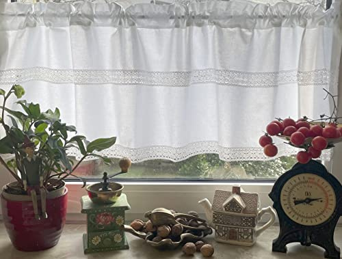 Leinenshop24 Bistrogardine Kurzgardine Vorhang Gardine 100% Baumwolle/Spitze Weiß 140x45 cm Landhaus Shabby Retro NEU+OVP Nora