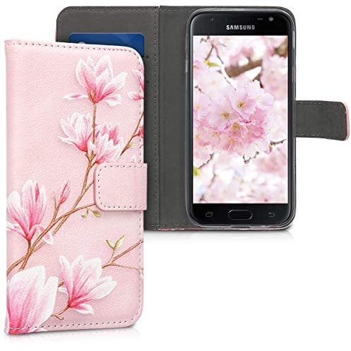 kwmobile Wallet Case Compatible with Samsung Galaxy J3 (2017) DUOS Case for Phone - Magnolias Pink/White/Dusty Pink