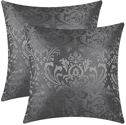 CaliTime Kissenbezüge Kissenhülle Packung mit 2 Wurfkissenbezügen Cases Vintage Damast Floral Glänzend & Matt Kontrast 45cm x 45 cm Dunkelgrau