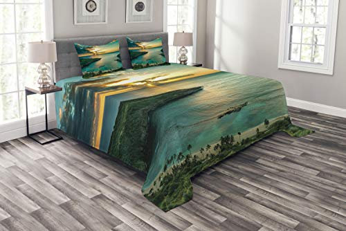 ABAKUHAUS hawaiisch Tagesdecke Set, Hanauma Bay auf Oahu, Set mit Kissenbezügen Sommerdecke, für Doppelbetten 264 x 220 cm, Türkis Grün-Gelb